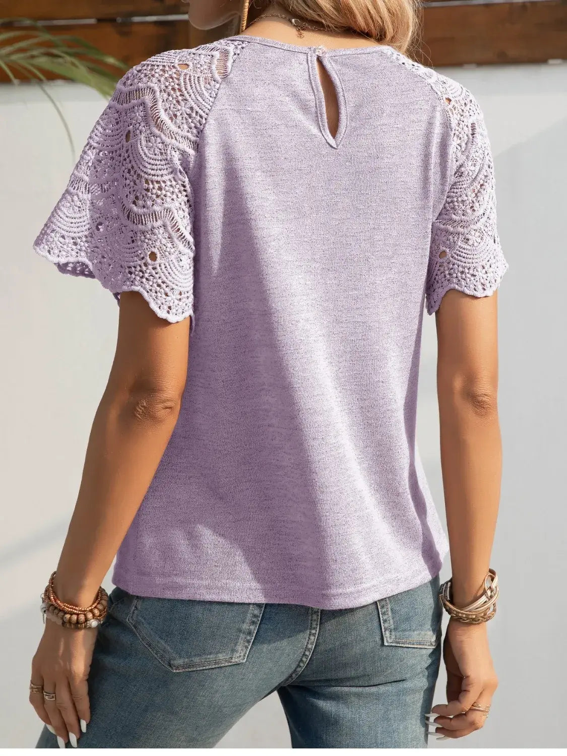Round Neck Short Sleeve Crochet Top - Trendsi - Flyclothing LLC