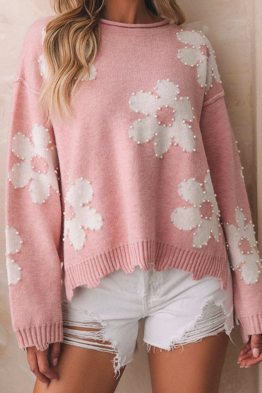 Pearl Trim Flower Round Neck Sweater - Trendsi - Flyclothing LLC