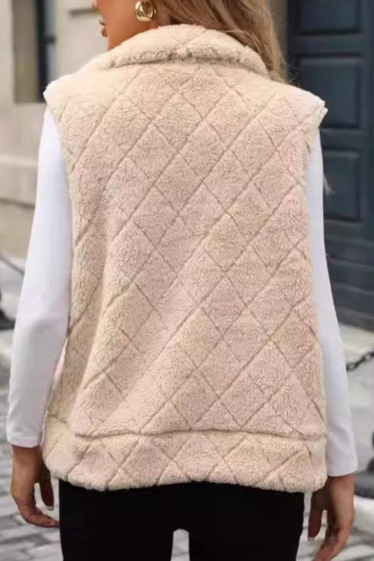 Fuzzy Plaid Texture Zip Up Vest Coat - Trendsi