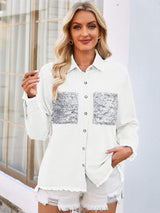 Raw Hem Button Up Long Sleeve Denim Jacket with Sequin Pockets - Trendsi - Flyclothing LLC