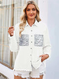 Raw Hem Button Up Long Sleeve Denim Jacket with Sequin Pockets - Trendsi - Flyclothing LLC