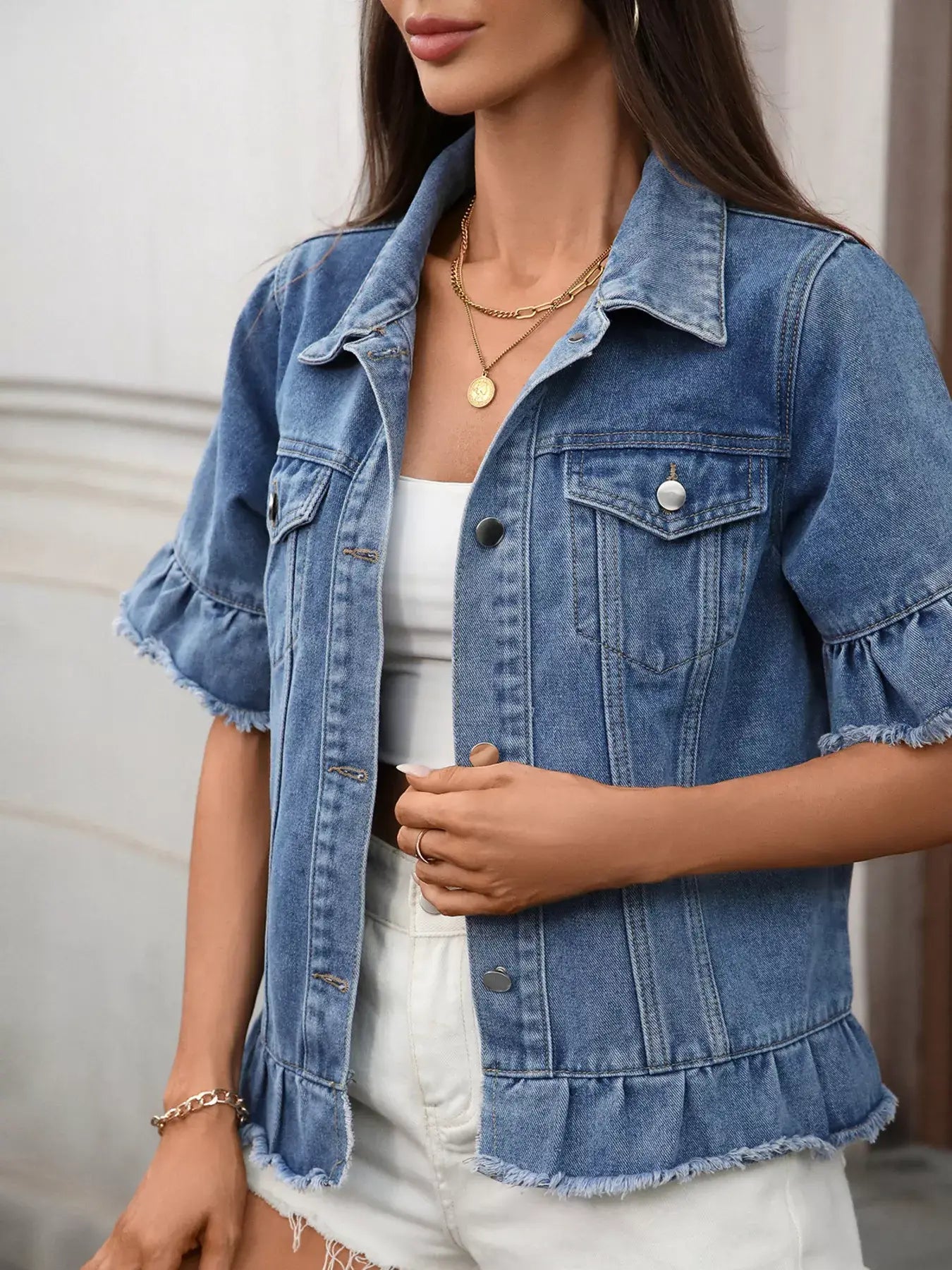 Raw Hem Button Up Denim Jacket - Trendsi - Flyclothing LLC