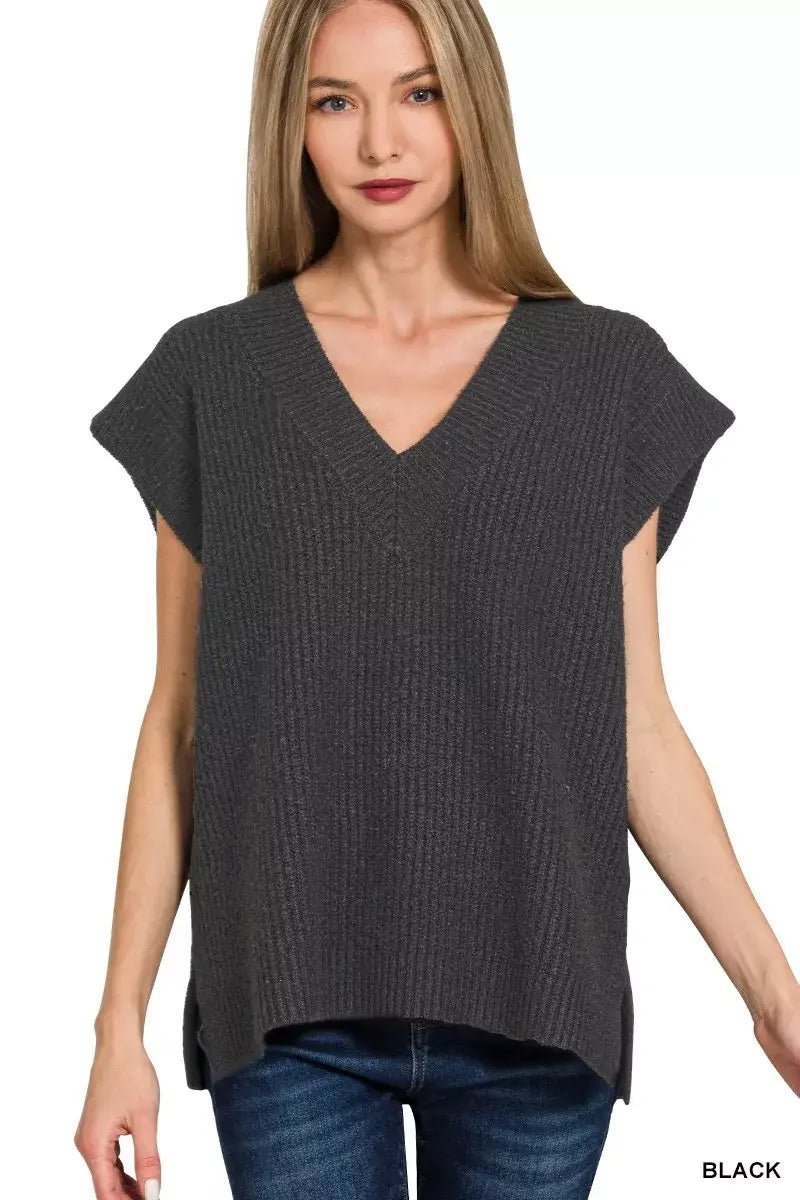 Zenana Ribbed Slit V-Neck Sweater Vest - Trendsi - Flyclothing LLC