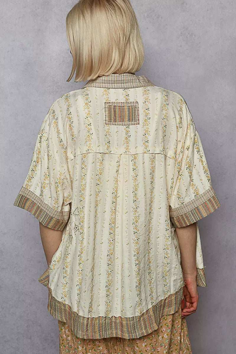 POL Printed Button Down Patchwork Short Sleeve Shirt - Trendsi - Flyclothing LLC