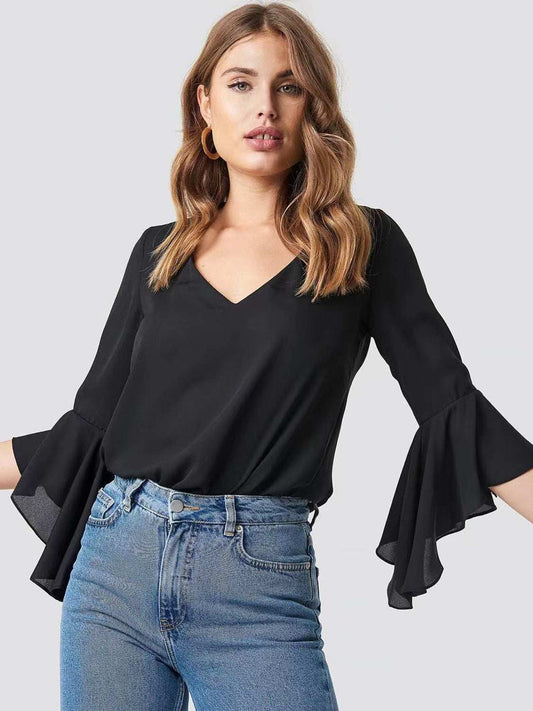 V-Neck Flounce Sleeve Blouse - Trendsi - Flyclothing LLC
