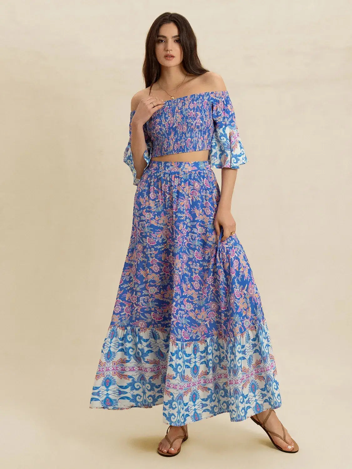 Smocked Off-Shoulder Printed Top and Skirt Set - Trendsi - Flyclothing LLC