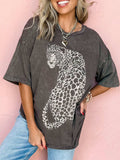 Cheetah Mineral Wash Round Neck Half Sleeve T-Shirt - Trendsi - Flyclothing LLC