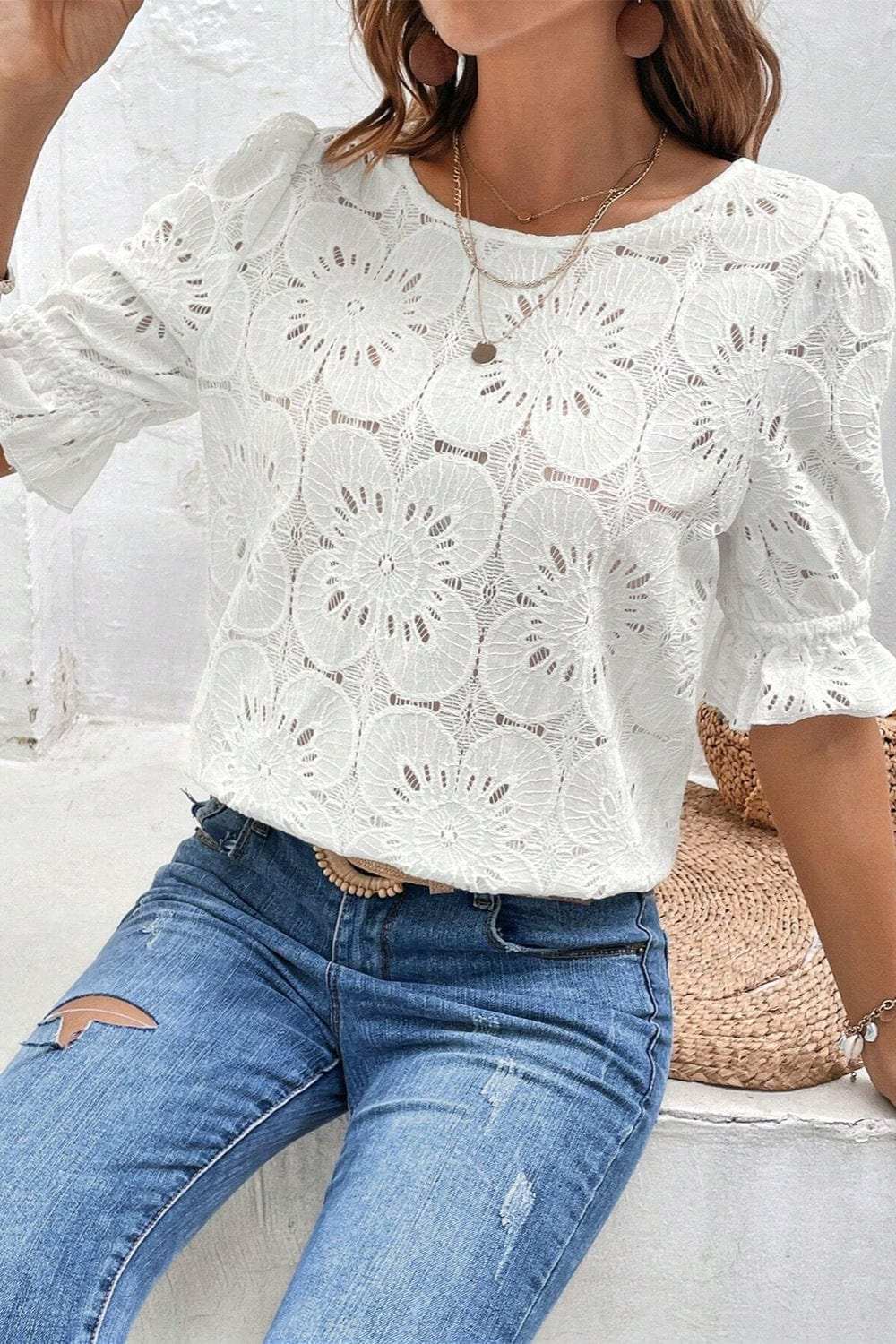 Round Neck Flounce Sleeve Blouse - Trendsi - Flyclothing LLC