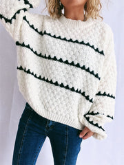 Contrast Stripes Round Neck Long Sleeve Sweater - Trendsi
