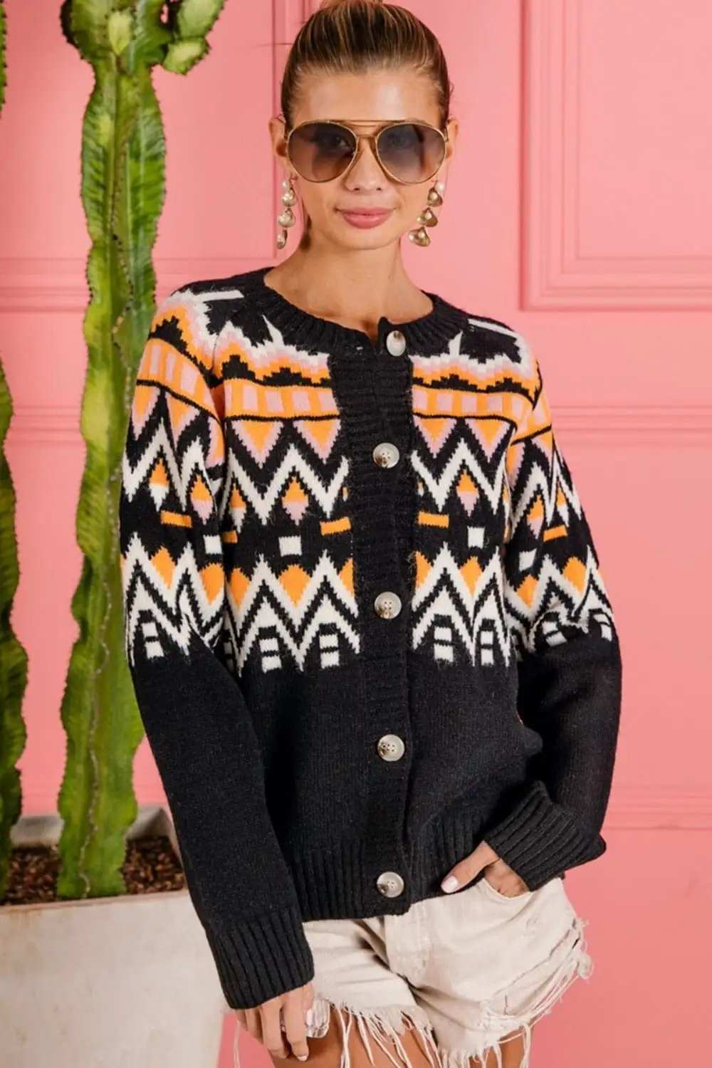 BiBi Ethnic Pattern Button Up Knit Cardigan - Trendsi - Flyclothing LLC