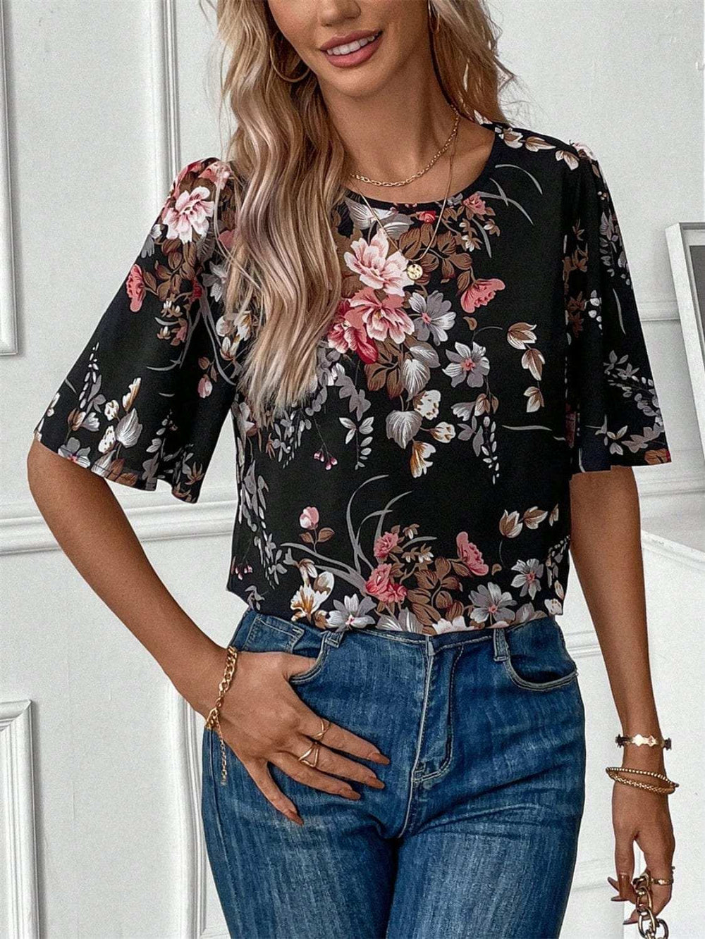 Floral Round Neck Half Sleeve Blouse - Trendsi - Flyclothing LLC