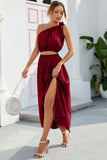 Ruched One Shoulder Top and Slit Skirt Set - Trendsi - Flyclothing LLC