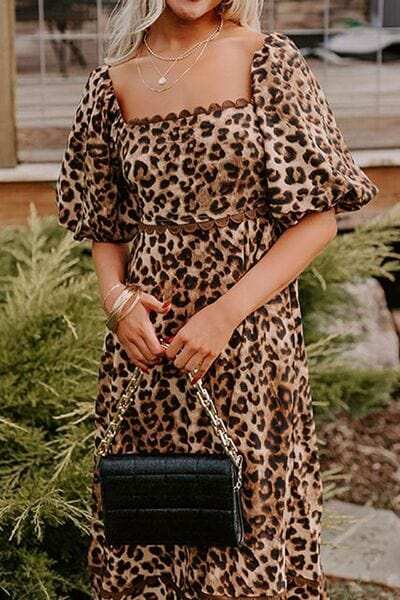 Leopard Square Neck Puff Sleeve Maxi Dress - Trendsi - Flyclothing LLC