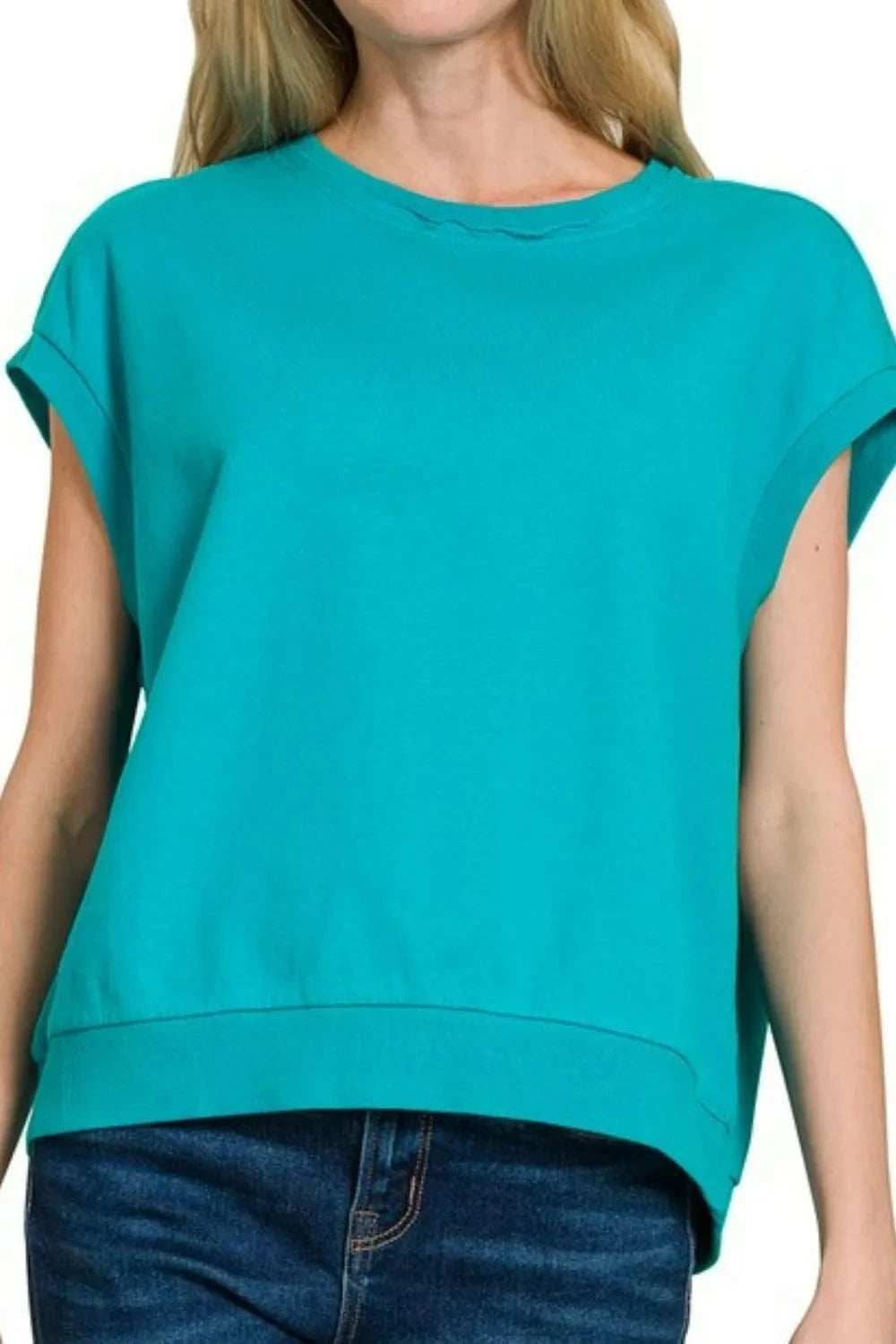Zenana French Terry Round Neck Cap Sleeve T-Shirt - Trendsi - Flyclothing LLC