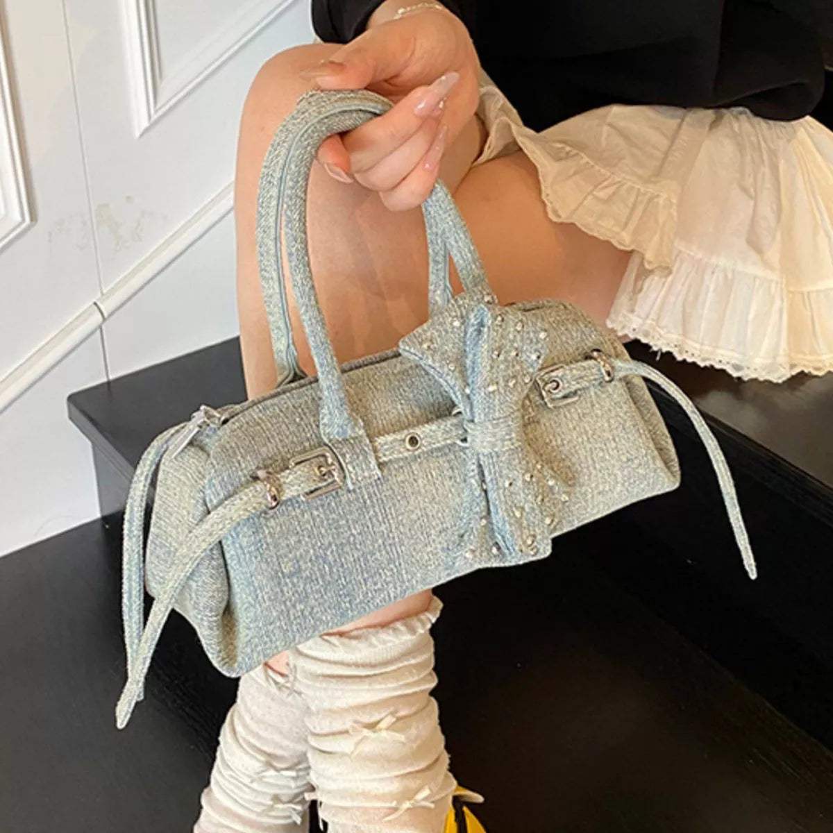 Denim Bow Accent Crossbody Bag - Trendsi - Flyclothing LLC