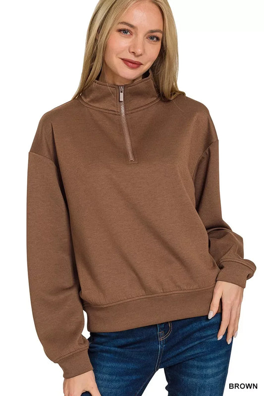 Zenana Scuba Half Zip Pullover Sweatshirt - Trendsi - Flyclothing LLC