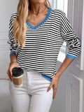 Contrast Trim Striped V-Neck Long Sleeve Knit Top - Trendsi - Flyclothing LLC