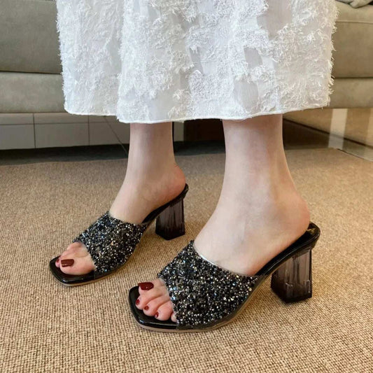 Rhinestone Open Toe Block Heel Sandals - Trendsi - Flyclothing LLC
