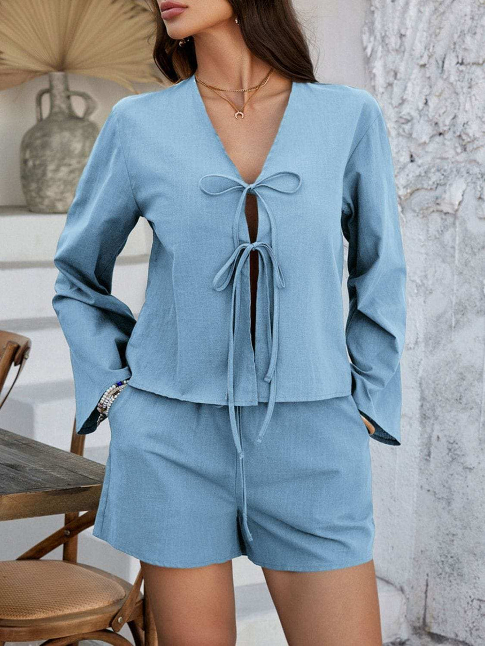 Devine Double Tied V-Neck Top and Shorts Set - Trendsi - Flyclothing LLC