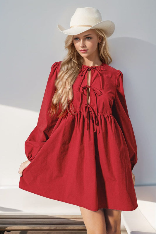 Double Take Tied Long Sleeve Mini Dress - Trendsi