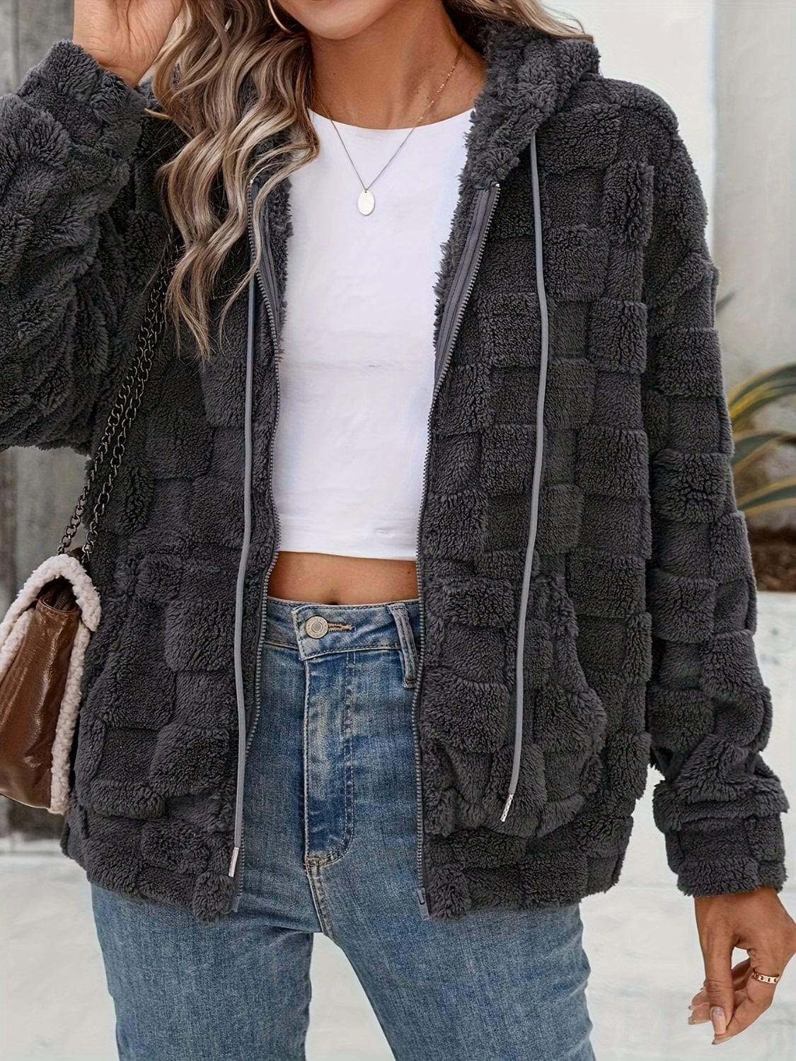 Checkered Texture Zip Up Drawstring Fuzzy Jacket - Trendsi - Flyclothing LLC