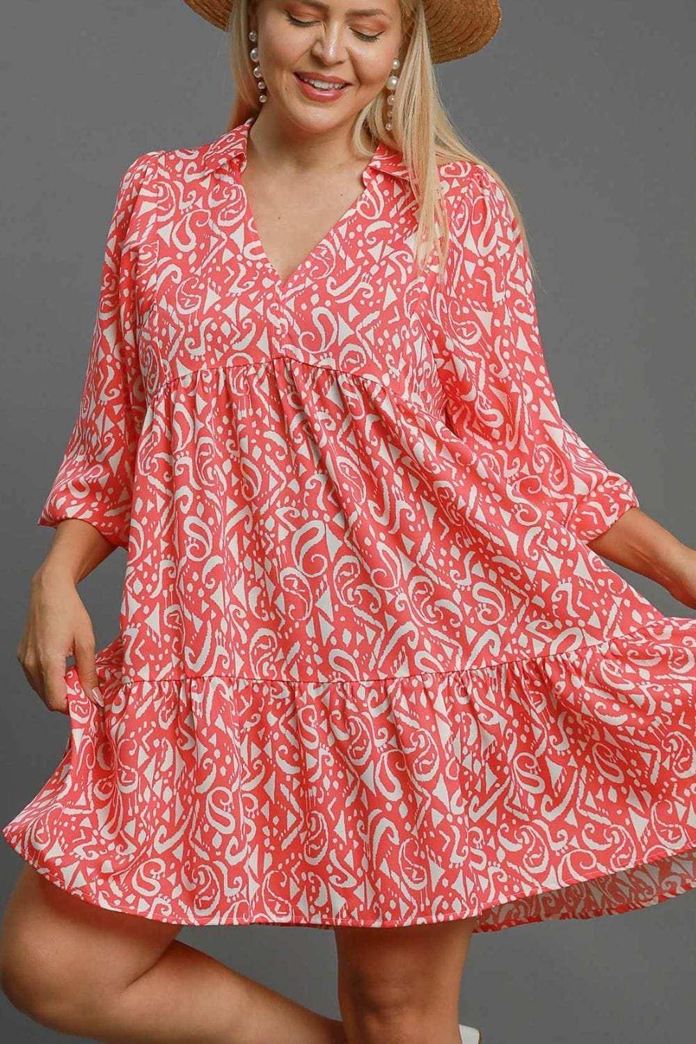 Umgee Full Size Two Tone Print Balloon Sleeve Tiered Dress Plus Size - Trendsi - Flyclothing LLC