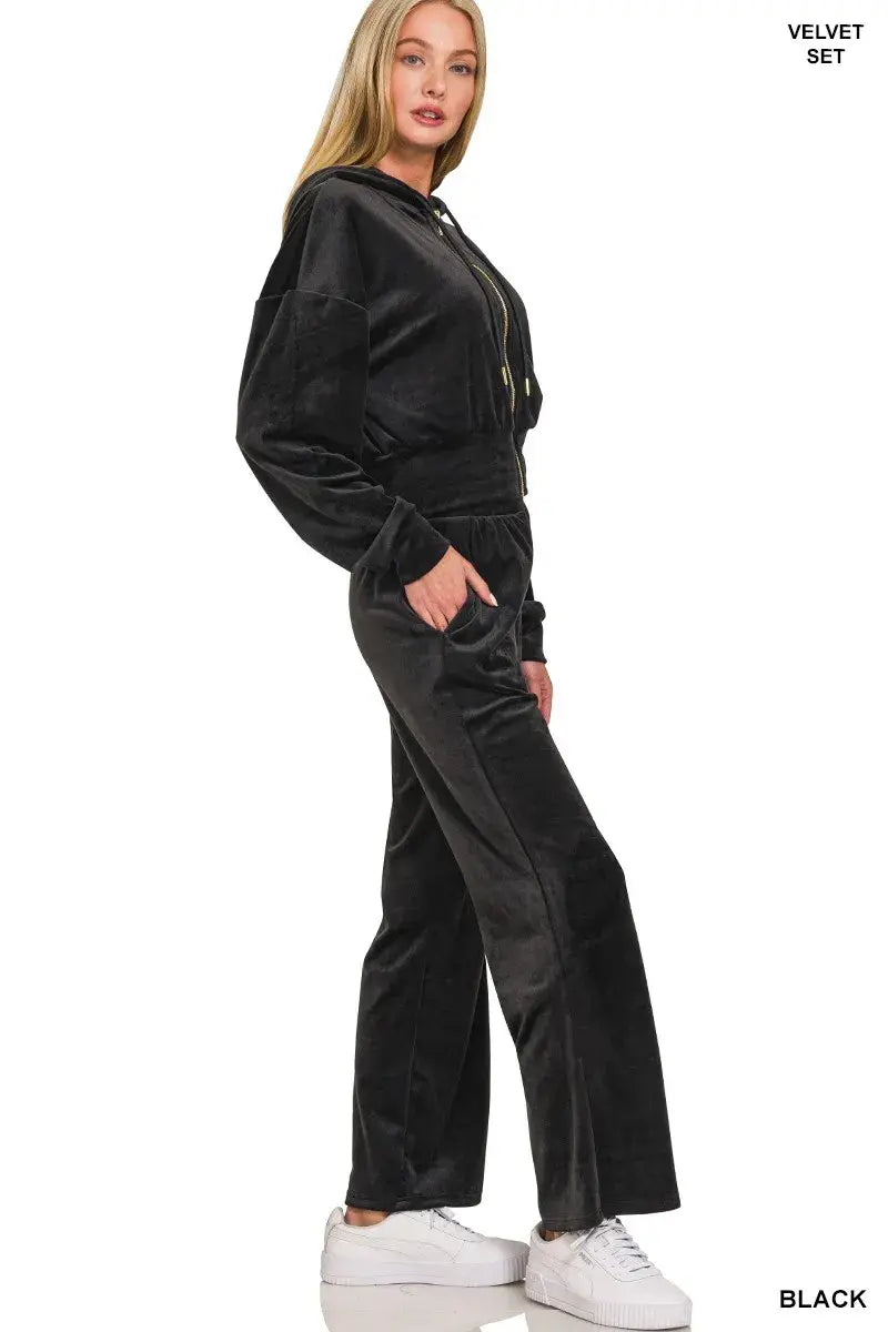 Zenana Velvet Zip Up Hoodie and Pants Set - Trendsi - Flyclothing LLC
