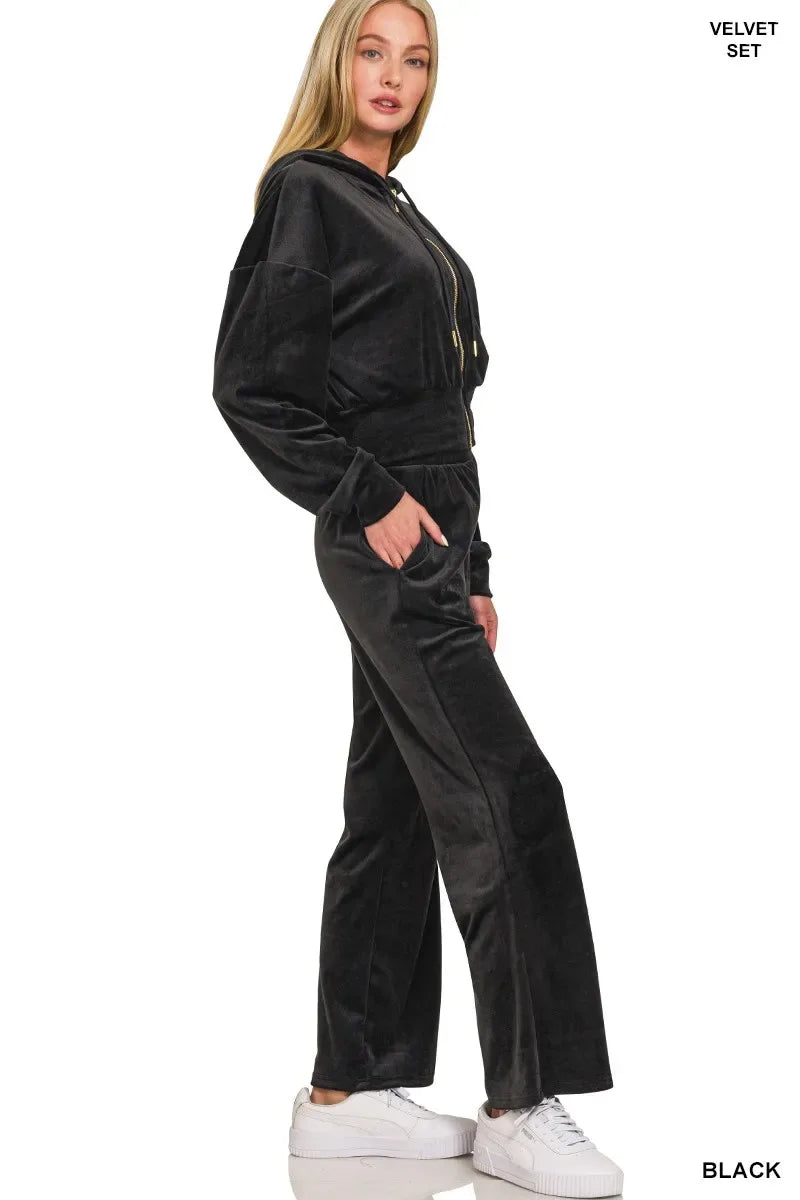 Zenana Velvet Zip Up Hoodie and Pants Set - Trendsi - Flyclothing LLC