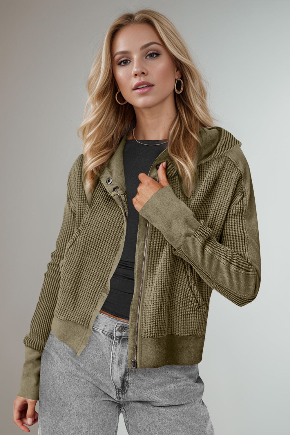 Double Take Waffle-Knit Zip Up Long Sleeve Hooded Jacket - Trendsi