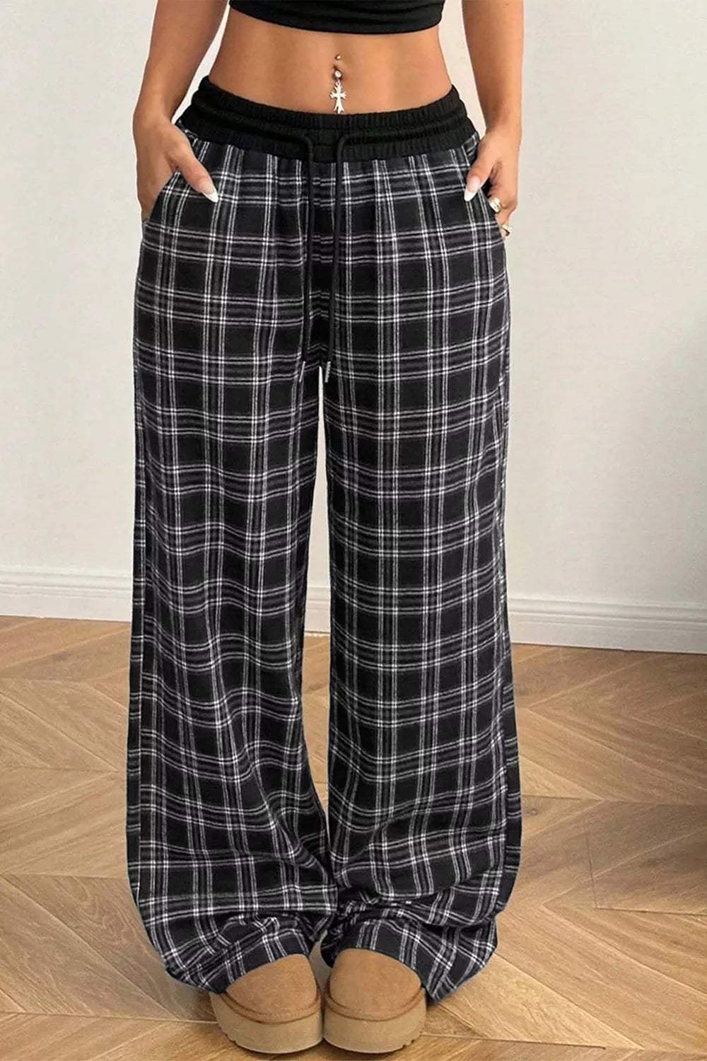 Plaid Wide-Leg Drawstring Pants - Trendsi - Flyclothing LLC