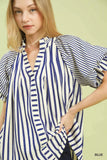 Umgee Striped Notched Top with Short Flutter Sleeves - Trendsi - Flyclothing LLC