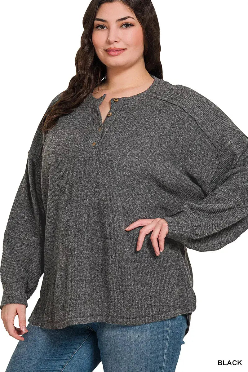 Zenana Full Size Ribbed Brushed Hacci Melange Henley Sweater Plus Size - Trendsi - Flyclothing LLC