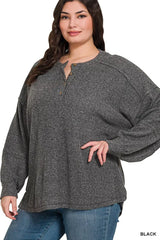 Zenana Full Size Ribbed Brushed Hacci Melange Henley Sweater Plus Size - Trendsi - Flyclothing LLC