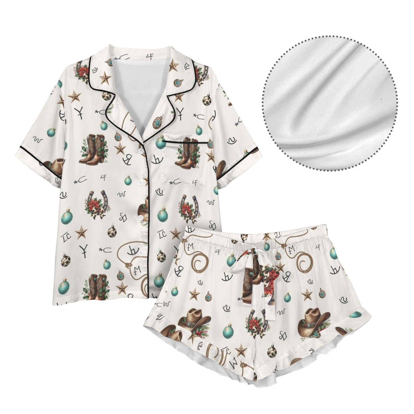 Baha Ranch Boots and Brands Western Cowgirl Cowboy Satin Short Pajama Sets
