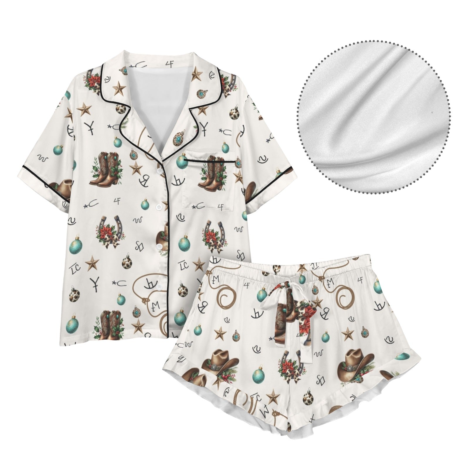 Baha Ranch Boots and Brands Western Cowgirl Cowboy Satin Short Pajama Sets