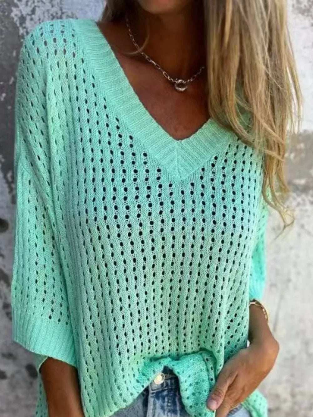 Full Size Openwork V-Neck Knit Cover Up Plus Size - Trendsi - Flyclothing LLC