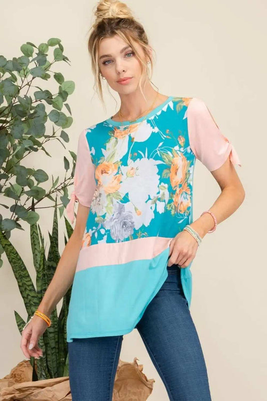 Celeste Full Size Open Tie Sleeve Floral Contrast Top - Trendsi - Flyclothing LLC