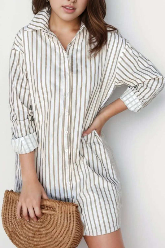 Striped Long Sleeve Mini Shirt Dress - Trendsi - Flyclothing LLC