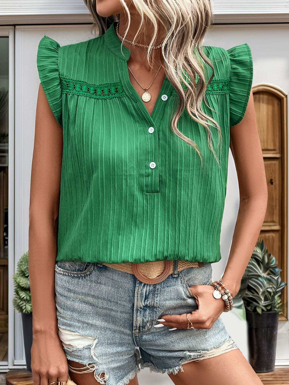 Ruffled Notched Cap Sleeve Blouse - Trendsi - Flyclothing LLC
