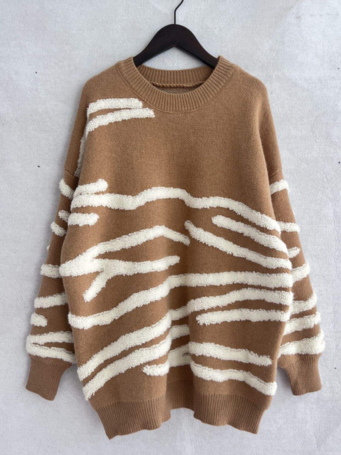 Contrast Round Neck Long Sleeve Sweater - Trendsi - Flyclothing LLC