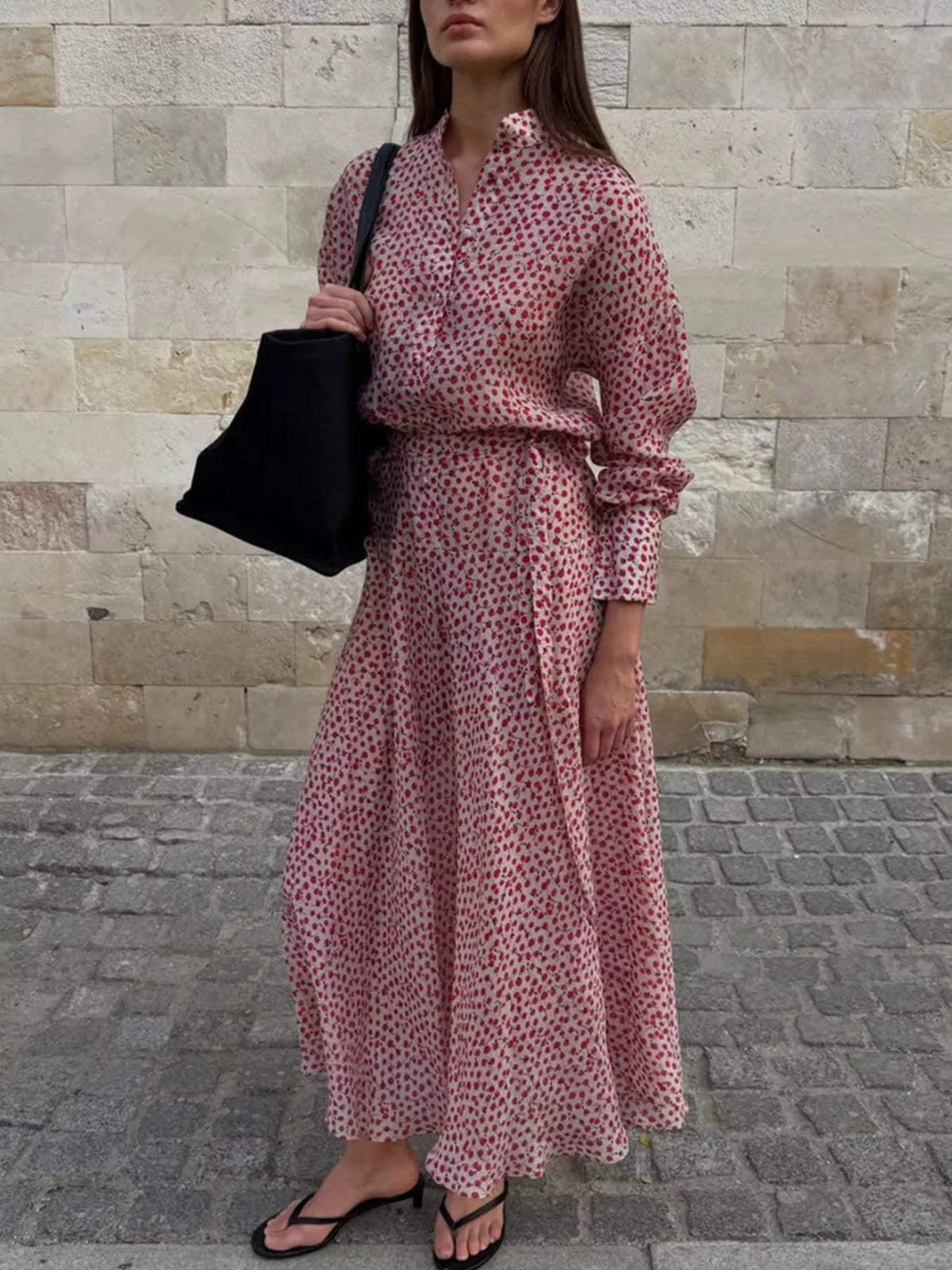 Floral Button Front Long Sleeve Dress - Trendsi - Flyclothing LLC