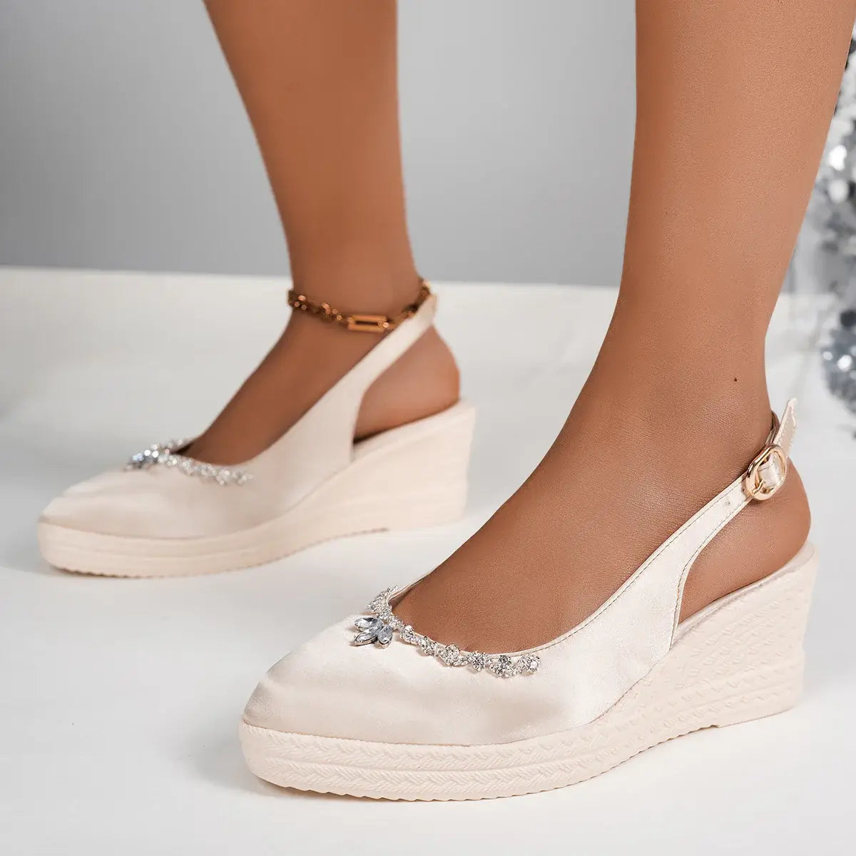 Rhinestone Point Toe Wedge Slingback Sandals - Trendsi - Flyclothing LLC