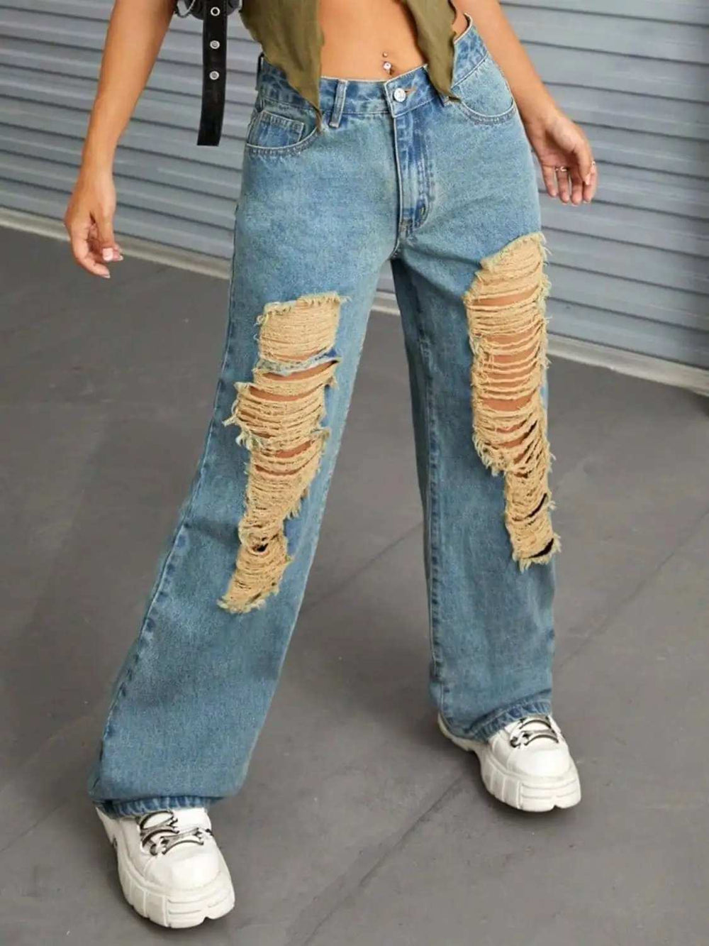 Distressed Wide Leg Jeans with Pockets - Trendsi - Flyclothing LLC