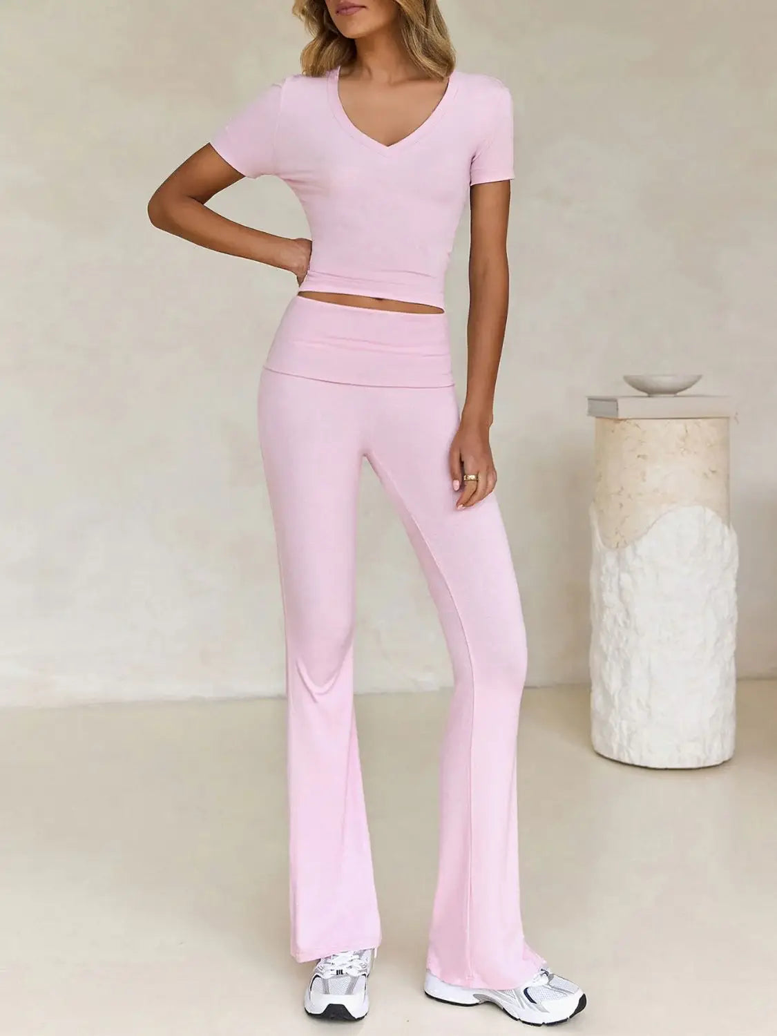 Devine V-Neck Top and Bootcut Leggings Set - Trendsi - Flyclothing LLC