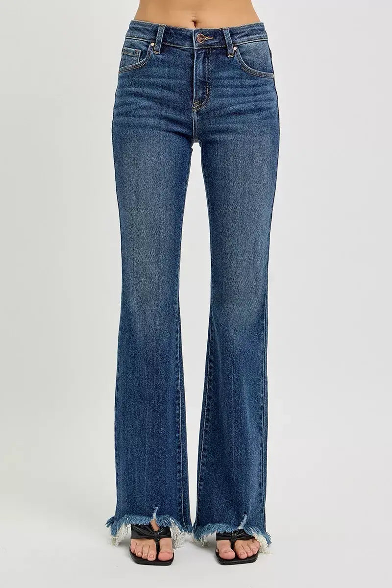 RISEN Full Size Mid Rise Flare Frayed Hem Jeans Plus Size - Trendsi - Flyclothing LLC