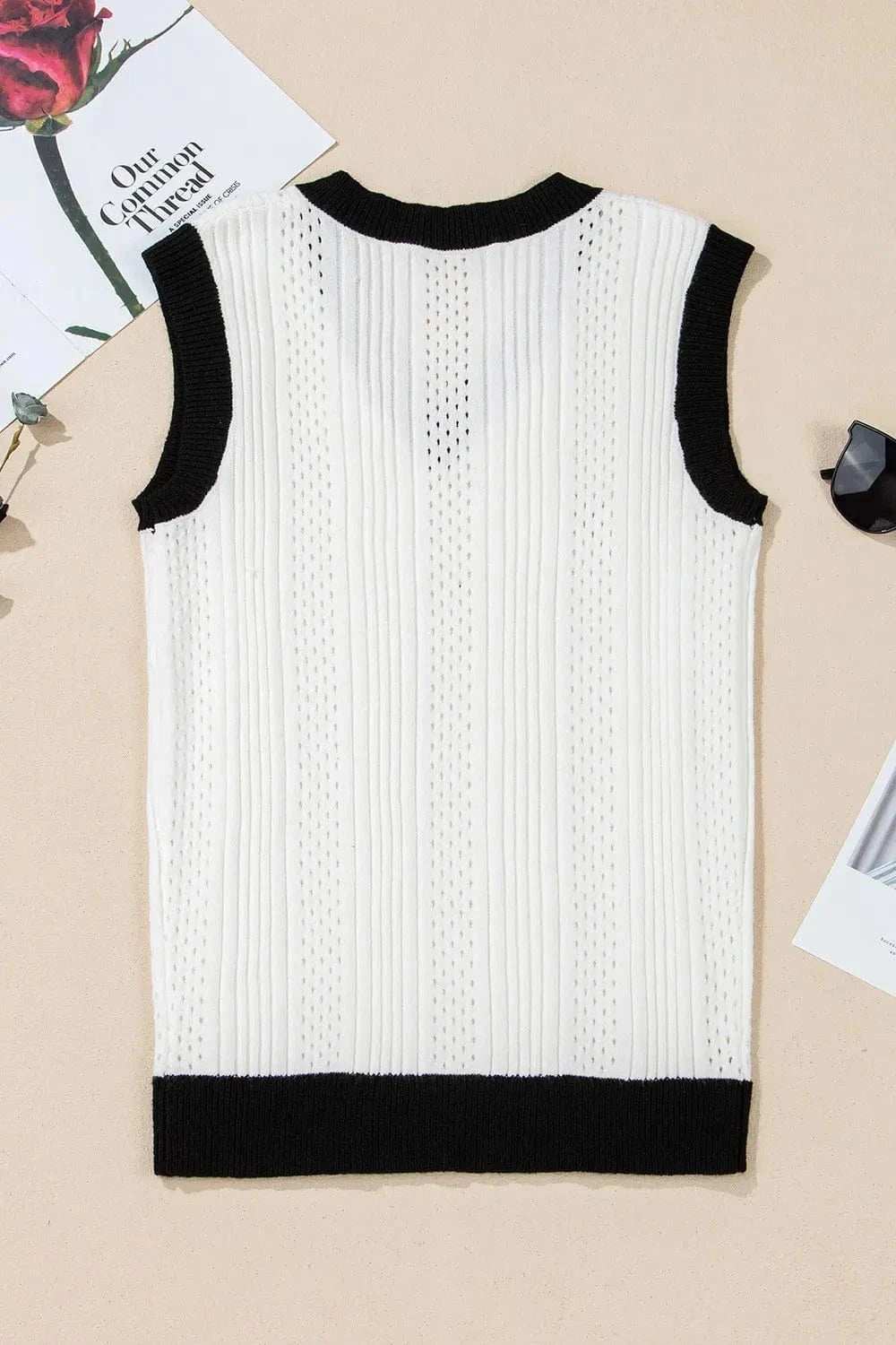 Contrast Trim Eyelet Knit V Neck Sweater Vest - Trendsi - Flyclothing LLC