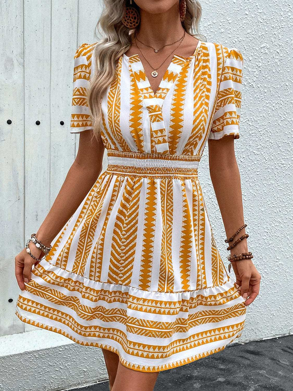 Geometric Notched Short Sleeve Mini Dress - Trendsi - Flyclothing LLC