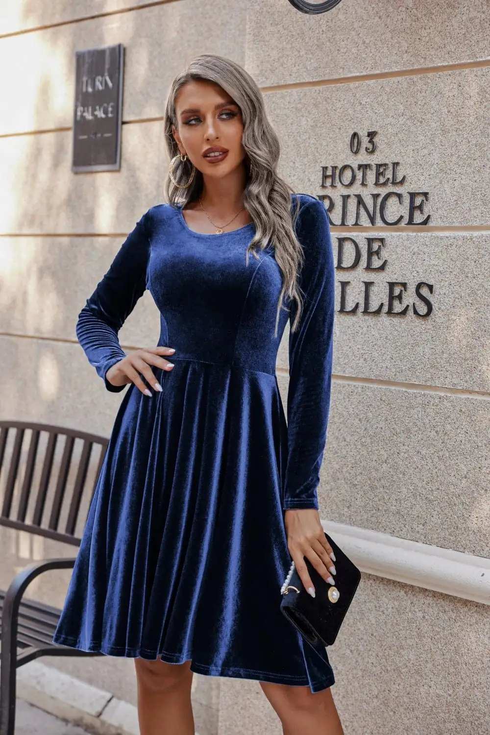Round Neck Long Sleeve Knee Length Dress - Trendsi - Flyclothing LLC