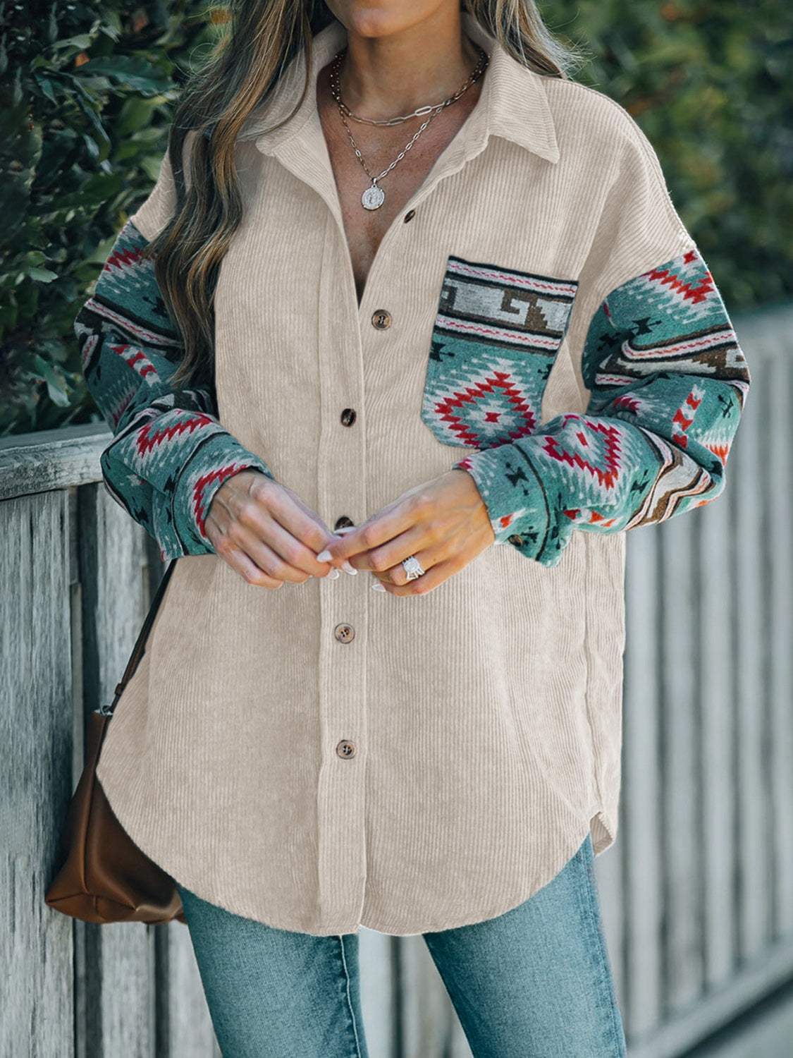Perfee Pocketed Geometric Collared Neck Shacket - Trendsi - Flyclothing LLC