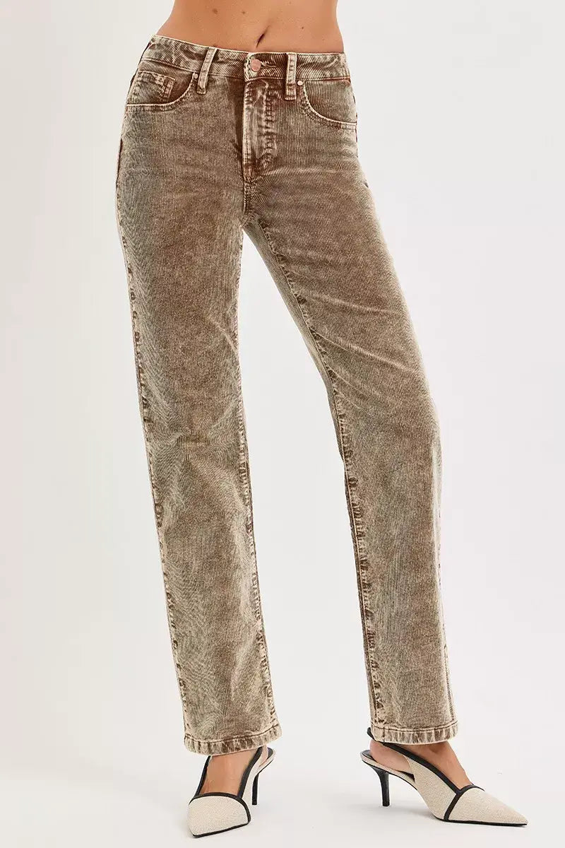 RISEN Tummy Control Mid Rise Straight Leg Corduroy Pants - Trendsi - Flyclothing LLC